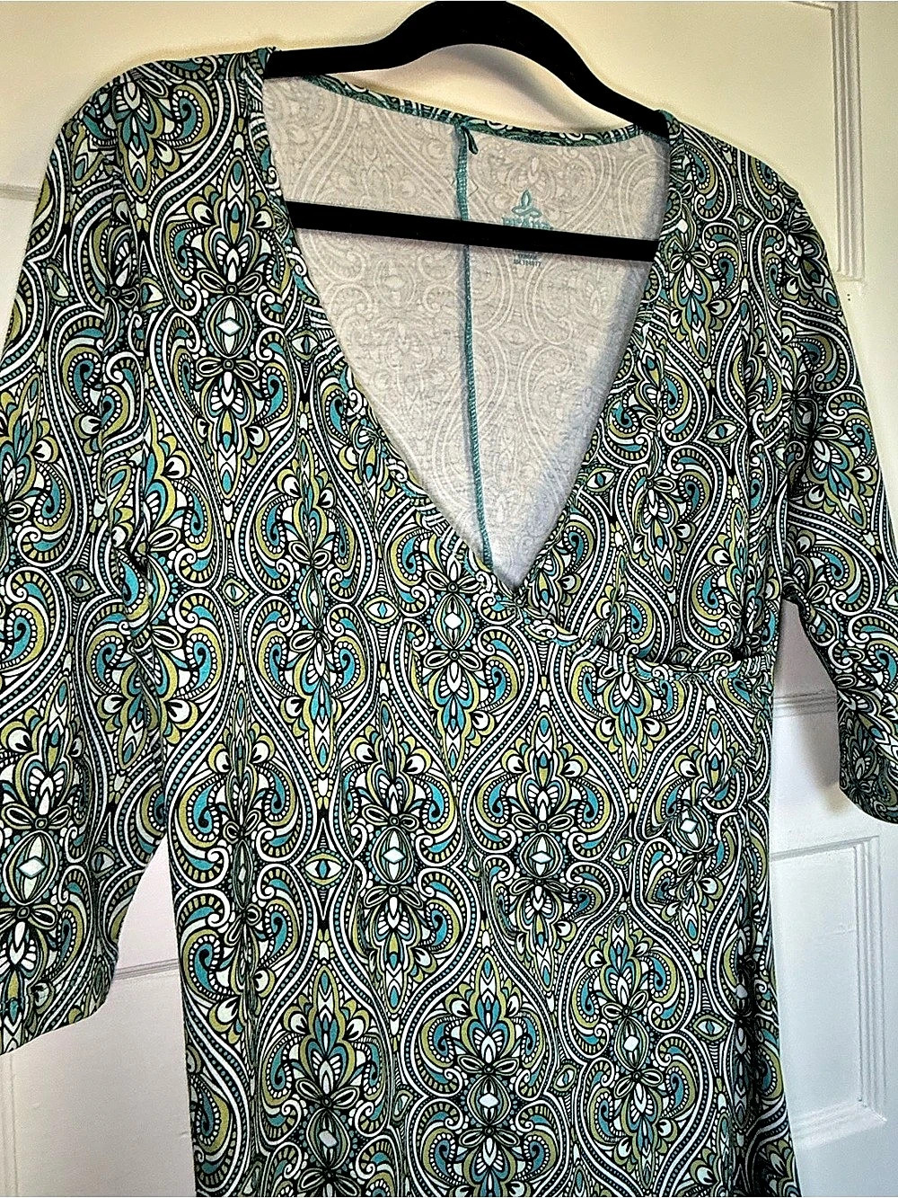 prAna Nadia Veeda V-Neck Faux Wrap 3/4 Sleeve Paisley Midi Dress Green & Blue XL - Picture 5 of 13